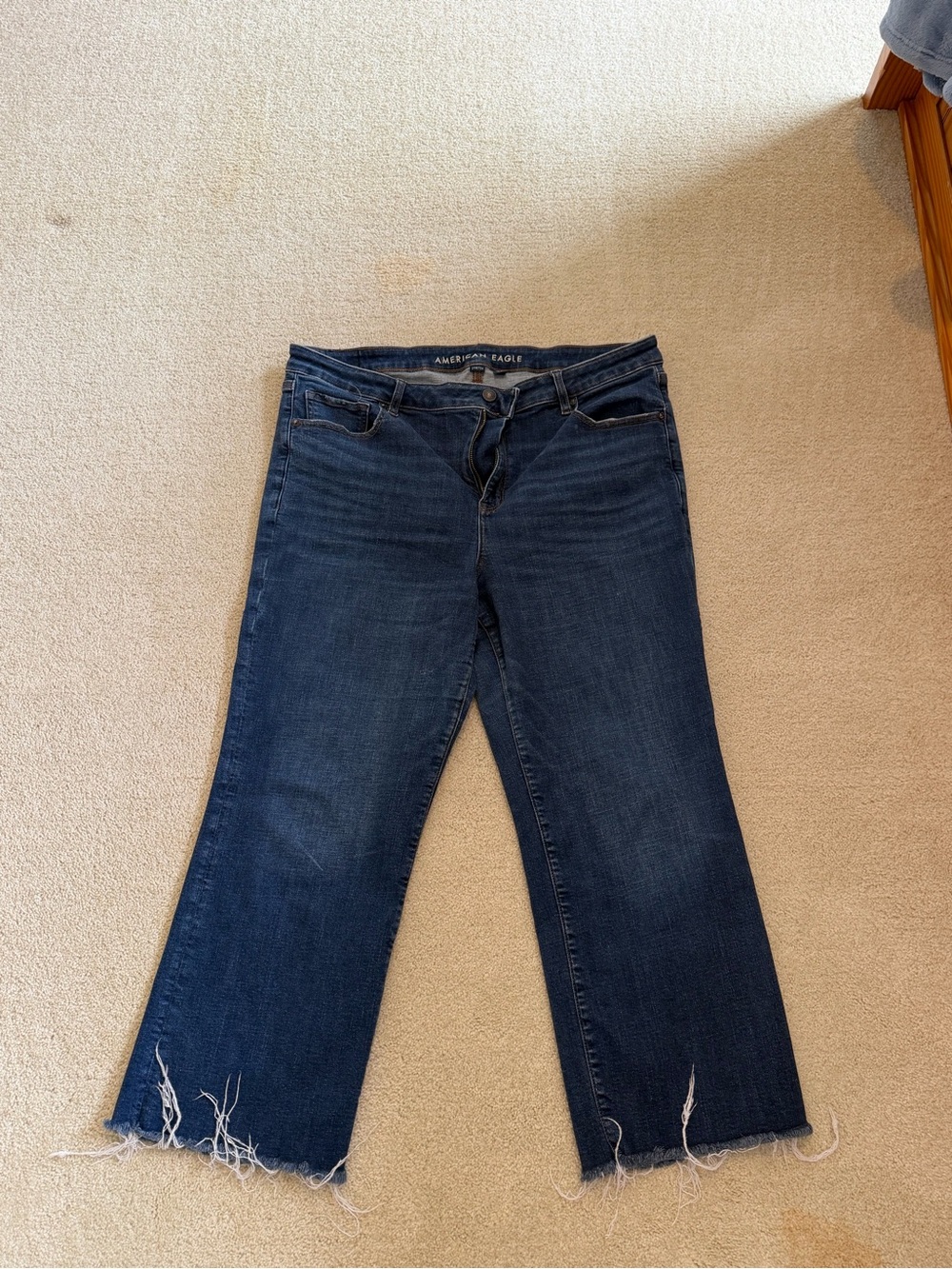 American Eagle Outfitters Dark Blue Frayed Hem Straight-Leg Jeans